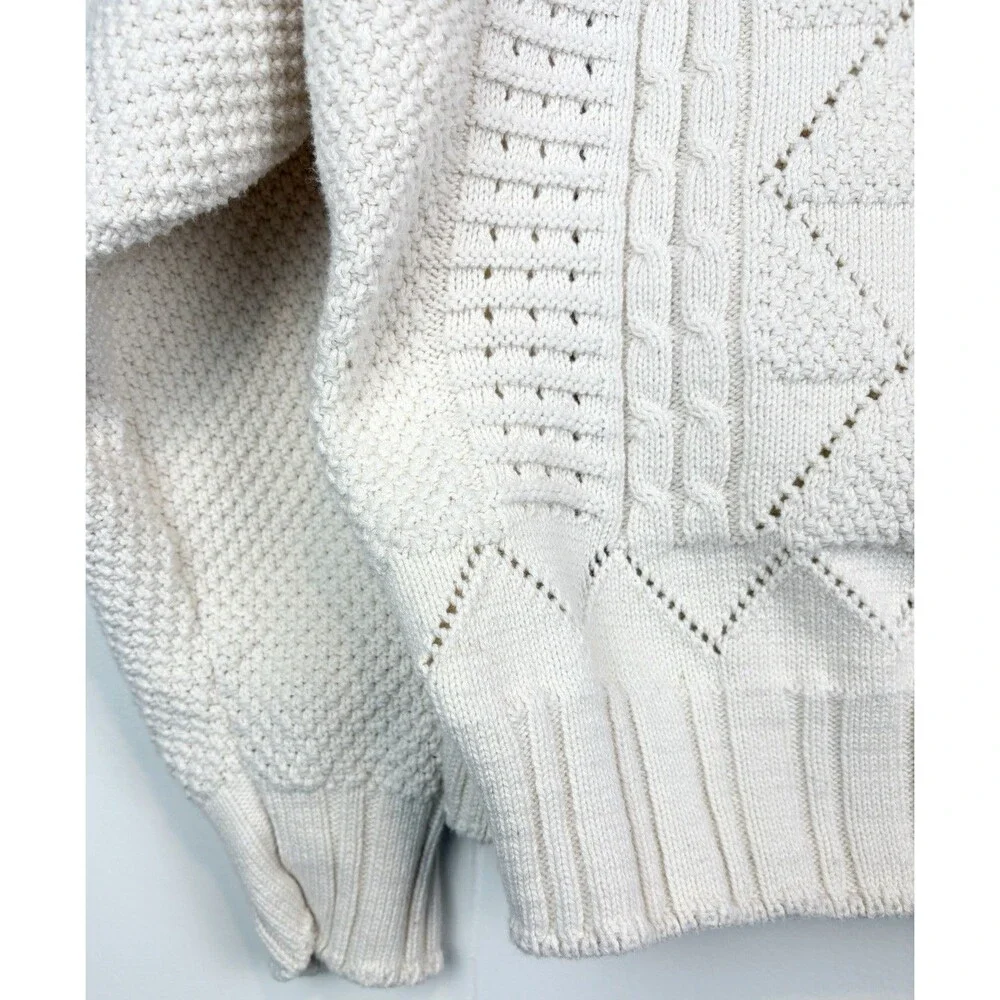 Womens L Vintage Sweater Knit Cream Cotton Grannycore 90s Mom Fisherman Crewneck - Picture 4 of 9